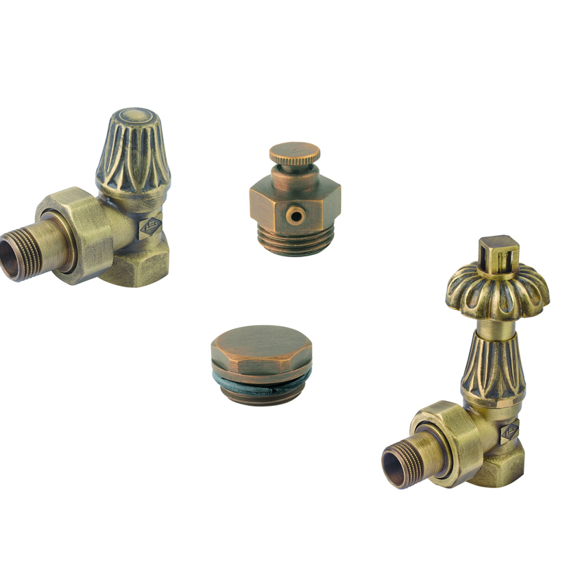 Antiqued and burnished finish set composed of angled thermostatic valve